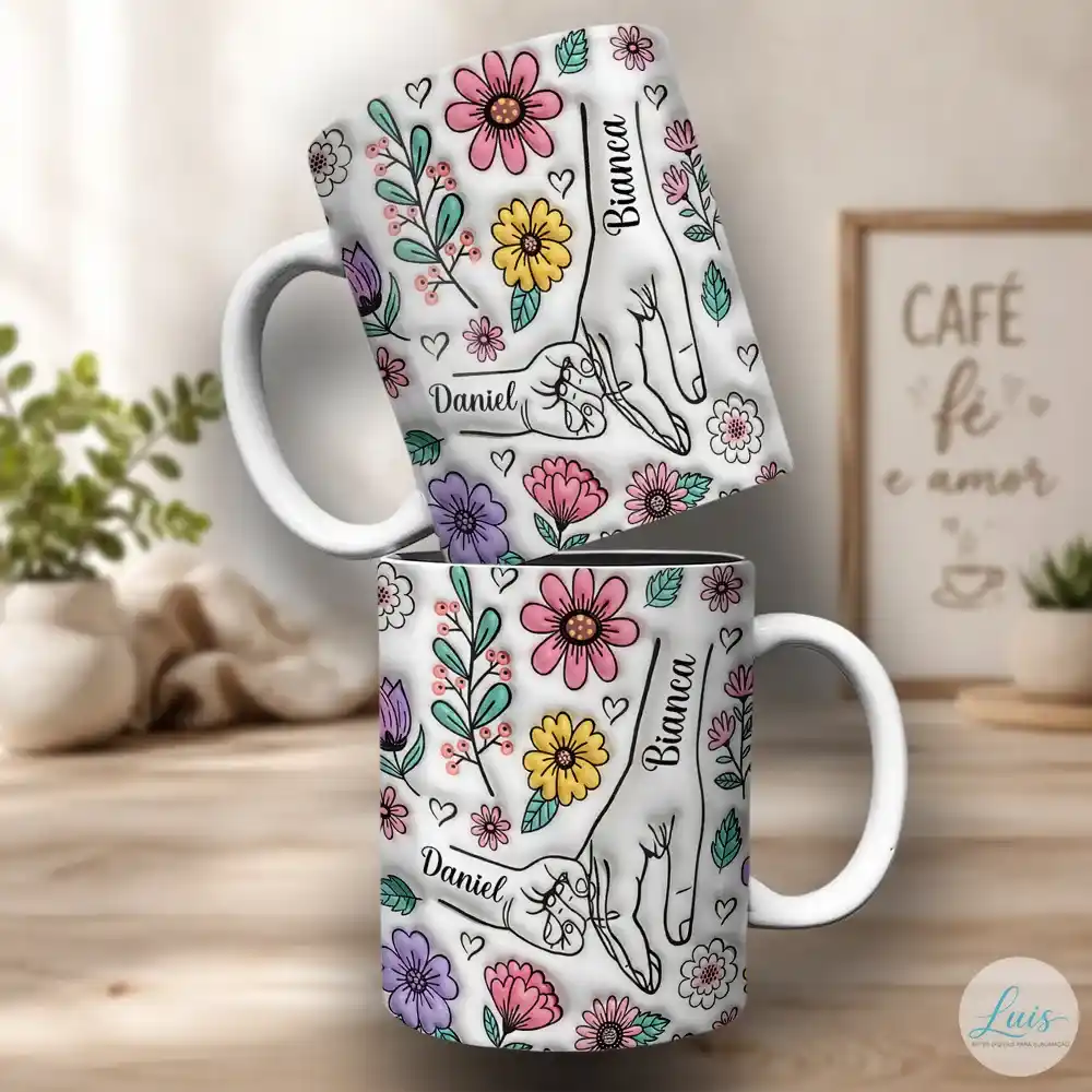 arte para caneca-dia das mães com-mãozinhas de mãe-e um filho unidas personalizadas com nomes fundo floral-com tons suaves em 3d