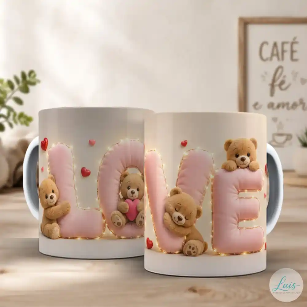 arte para caneca dia dos namorados love ursinhos em 3D