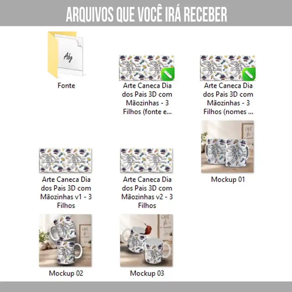 Arte para Caneca Dia dos Pais com Mãozinhas de Pai e 3 Filhos - Arquivo Digital Sublimação - Imagem 4