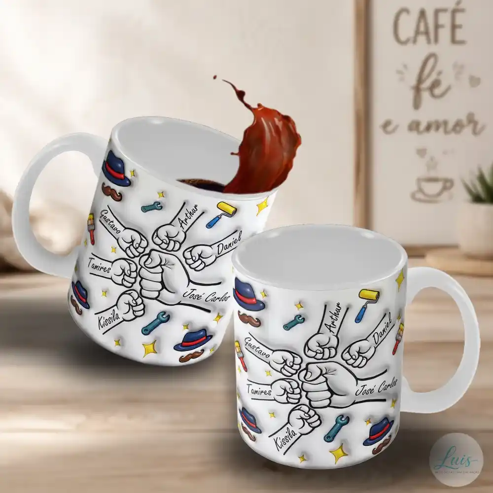 Arte para caneca dia dos pais com mãozinhas, objetos com efeito 3d e fundo claro