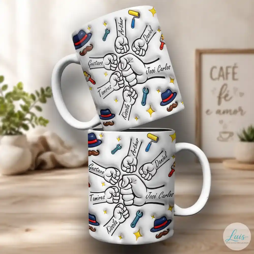 Arte para caneca dia dos pais com mãozinhas, personalizada com nomes, objetos com efeito 3d e fundo claro