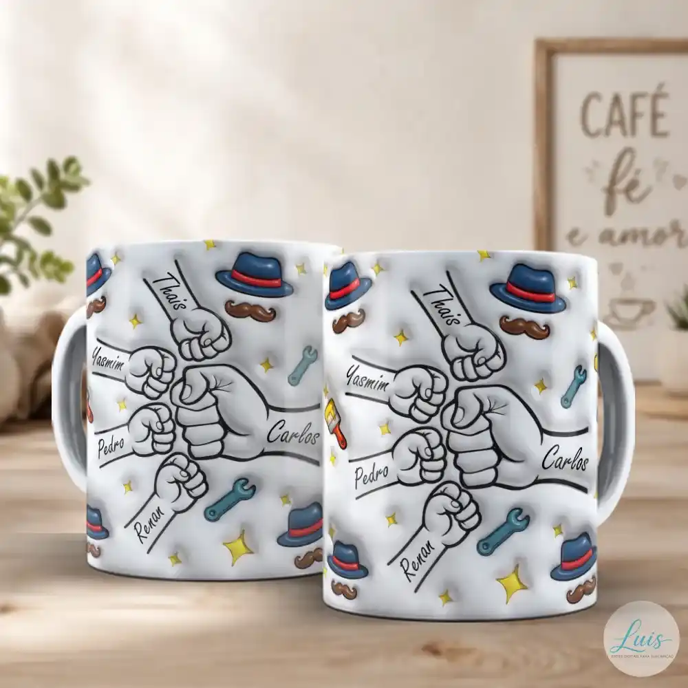 Arte para caneca dia dos pais com mãozinhas, personalizada com nomes, rodeada de objetos com efeito 3d e fundo claro
