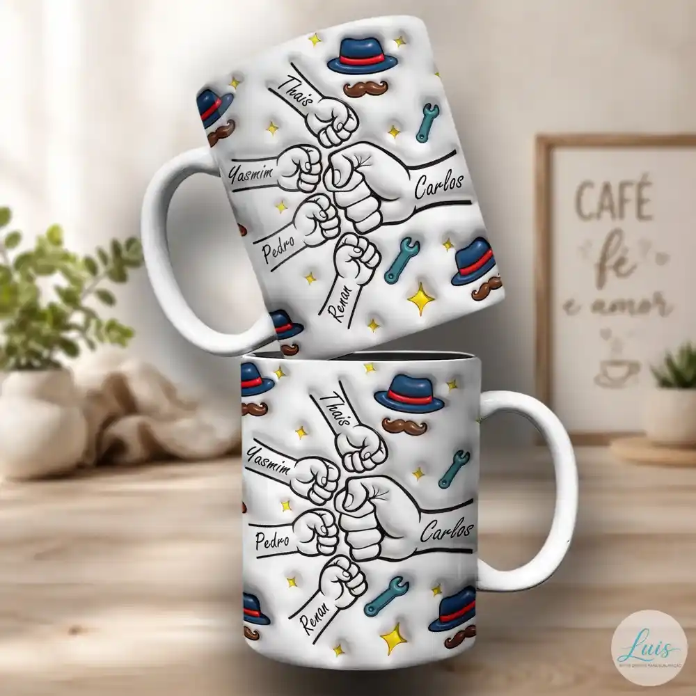 Arte para Caneca Dia dos Pais com Mãozinhas de Pai e 4 Filhos - Arquivo Digital Sublimação - Imagem 2