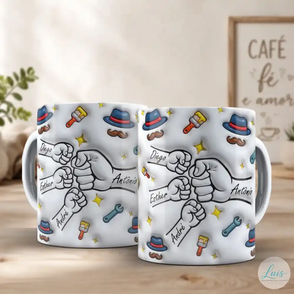 Arte para caneca dia dos pais com mãozinhas, personalizada com nomes, rodeada de objetos com efeito 3d em fundo claro