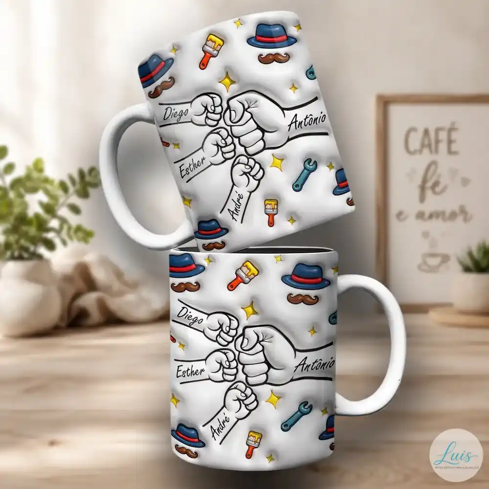 Arte para caneca dia dos pais com mãozinhas, personalizada com nomes, rodeada de objetos com efeito 3d em um fundo claro