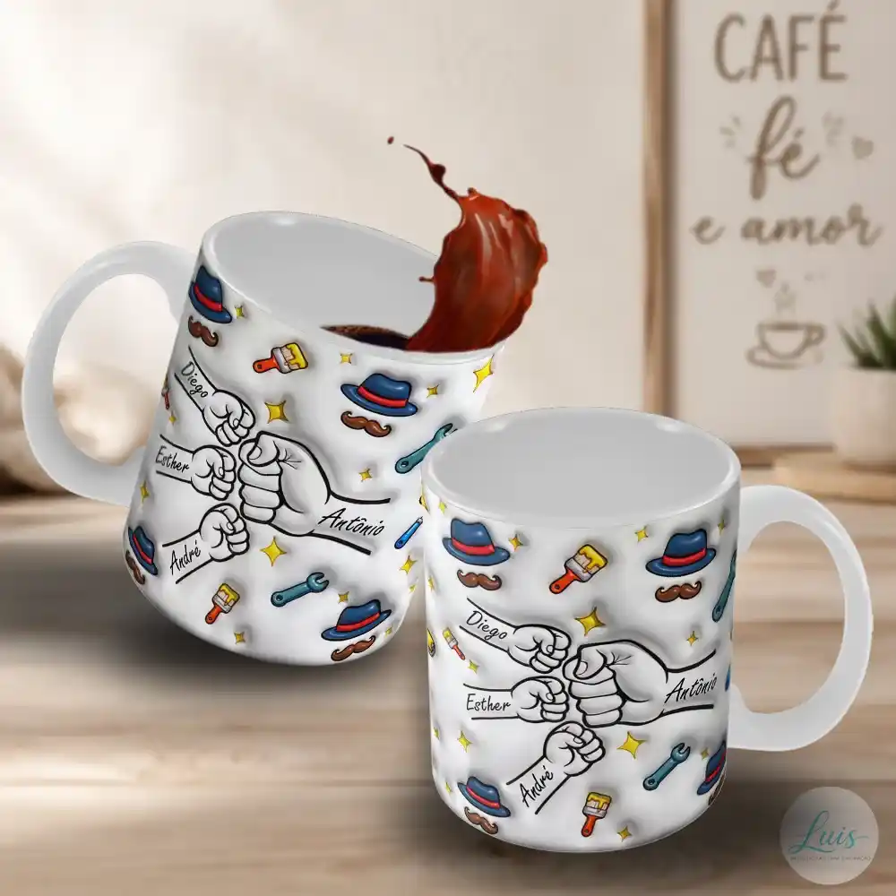 Arte para caneca dia dos pais com mãozinhas, rodeada de objetos com efeito 3d e fundo claro
