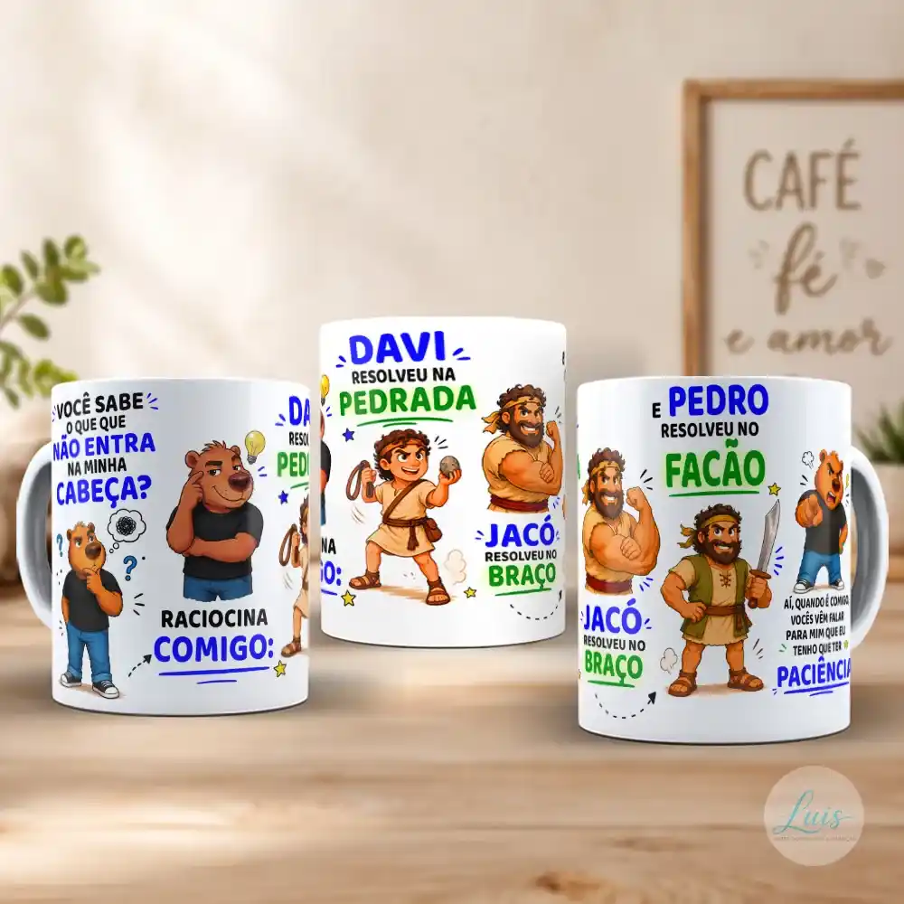arte para caneca capivara davi jacó pedro paciência com sequência humorística de cenas: capivara pensativa, Davi com funda, Jacó musculoso, Pedro com facão e capivara irritada
