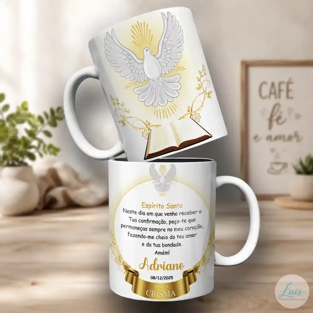 arte para caneca crisma espírito santo com pomba branca de asas abertas simbolizando o espírito santo, bíblia aberta, detalhes dourados, moldura com mensagem de fé e renovação espiritual, personalizada com nome do crismando e data da cerimônia