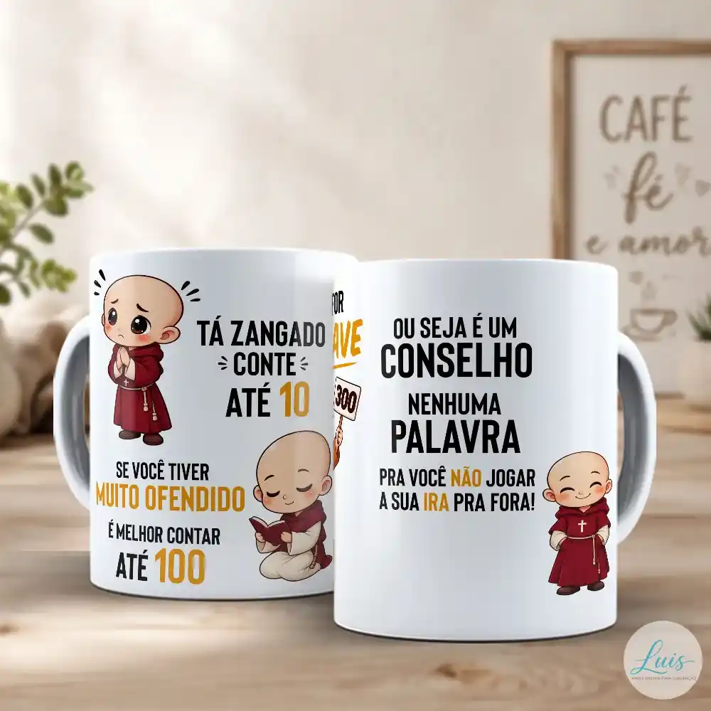Arte para Caneca Frei Gilson Tá Zangado Conte Até 10 com Frei Gilson em estilo chibi em três cenas, rezando, lendo a bíblia, e refletindo sobre paciência, com frases em preto e laranja e fundo branco.