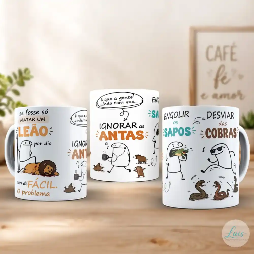 arte caneca flork matar um leão por dia com Flork enfrentando leão, ignorando antas, engolindo sapo e desviando de cobras em cenas que ilustram a frase humorística