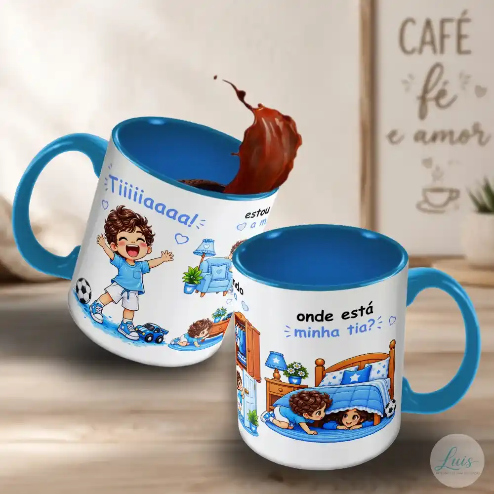 arte para caneca tia onde está minha tia 2 artes com menino chamando a tia: "Tiiiiiiaaaa!", procurando ela atrás do sofá e da cômoda, em seguida, procura debaixo da cama com frase: "Onde está minha tia?", tons de azul e fundo branco