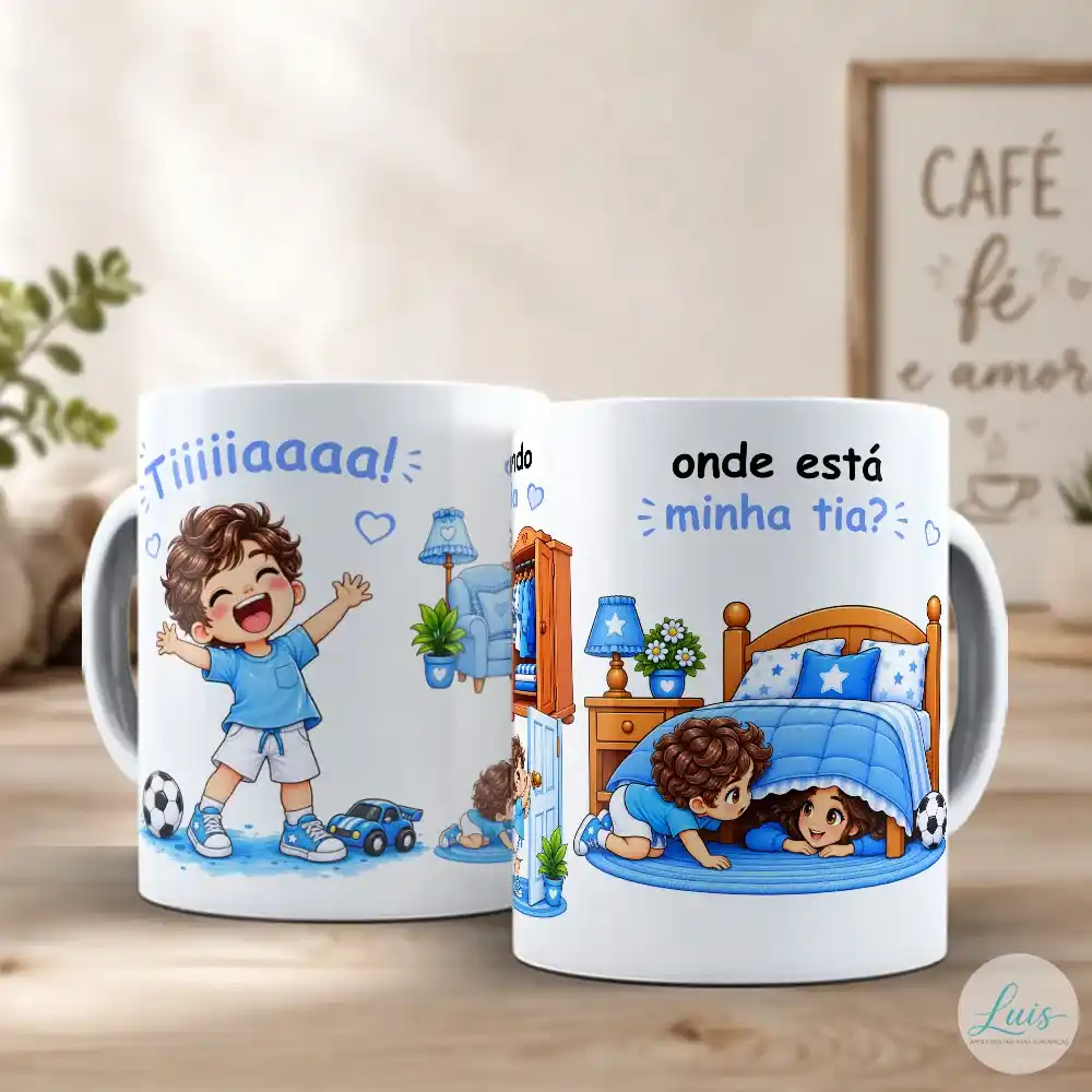 arte para caneca tia onde está minha tia menino com cenas do menino de braços abertos e procurando pela tia debaixo da cama, com frases: "Tiiiiiaaaa!" e "onde está minha tia?"
