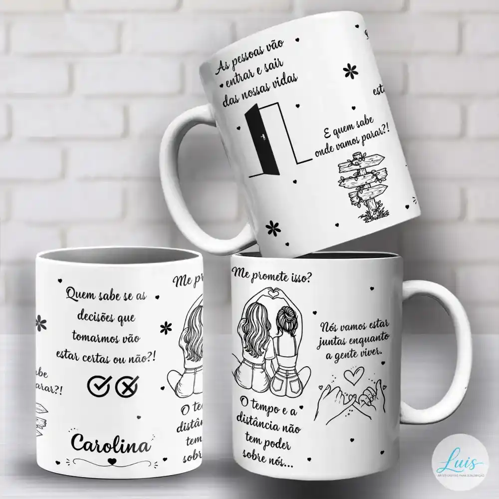 Arte para Caneca Amizade As Pessoas Vão Entrar e Sair das Nossas Vidas, versão em preto e branco personalizada com nome: Desenhos de porta aberta, placa direcional, símbolos representando escolhas, amigas abraçadas de costas fazendo coração com as mãos, pequenos corações, flores e mãos fazendo gesto de amizade, fundo branco.