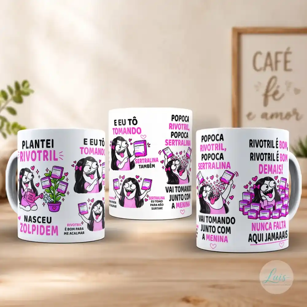 Arte para caneca plantei Rivotril colhi Zoupidem Flork menina com personagem Flork feminina em cenas humorísticas, frase divertida em preto e rosa, caixas de medicamentos e pequenos corações