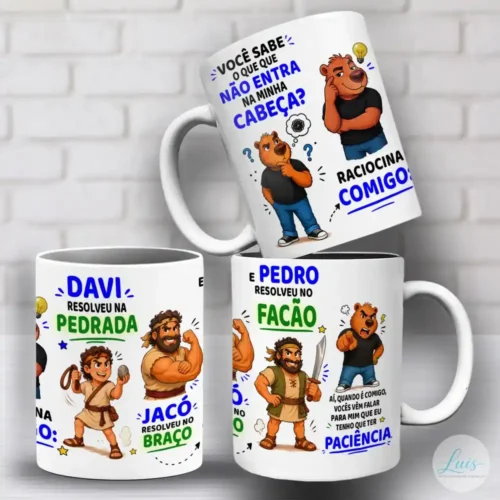 arte para caneca capivara davi jacó pedro paciência, capivara pensativa, Davi segurando uma funda e uma pedra, Jacó exibindo músculos, Pedro segurando um facão e capivara irritada apontando o dedo, todos os personagens ilustrando frase bem-humorada sobre ter paciência e referências bíblicas