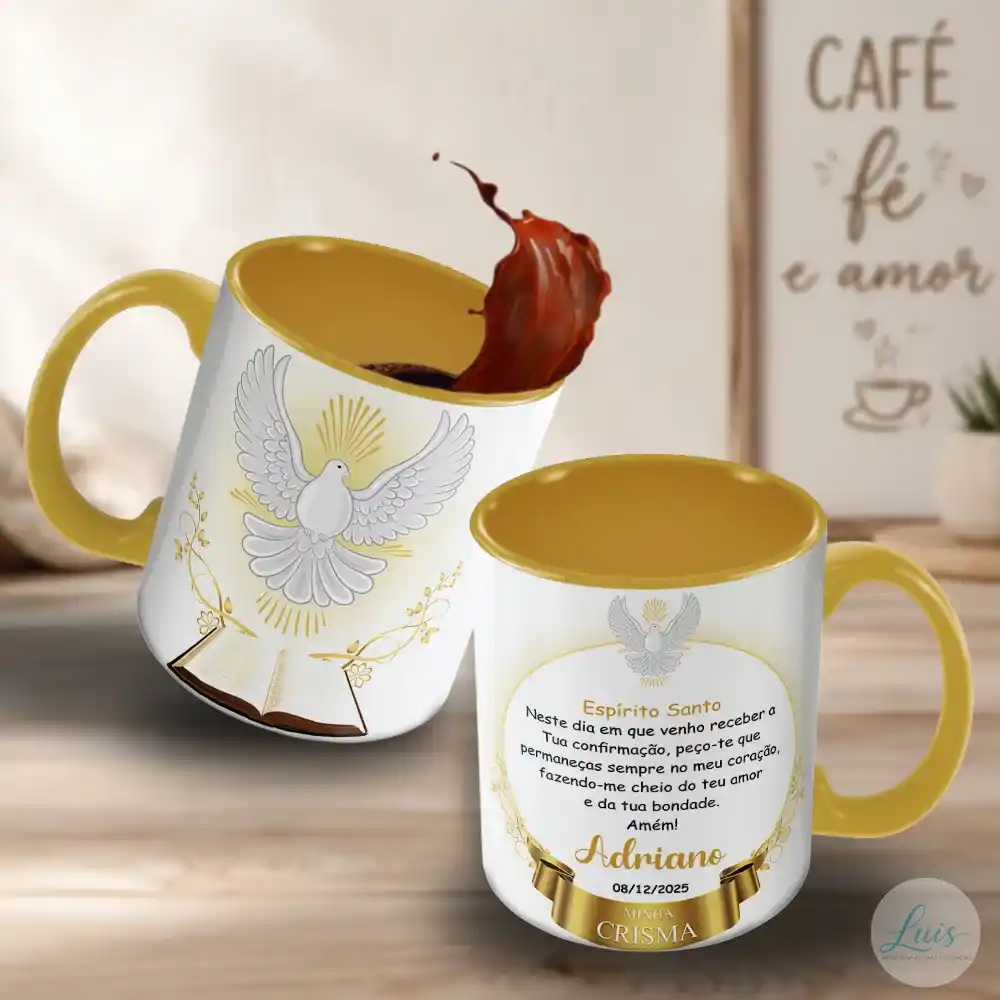 arte para caneca crisma espírito santo com pomba branca de asas abertas simbolizando o espírito santo, bíblia aberta, detalhes dourados, moldura com mensagem de fé e renovação espiritual, nome e data
