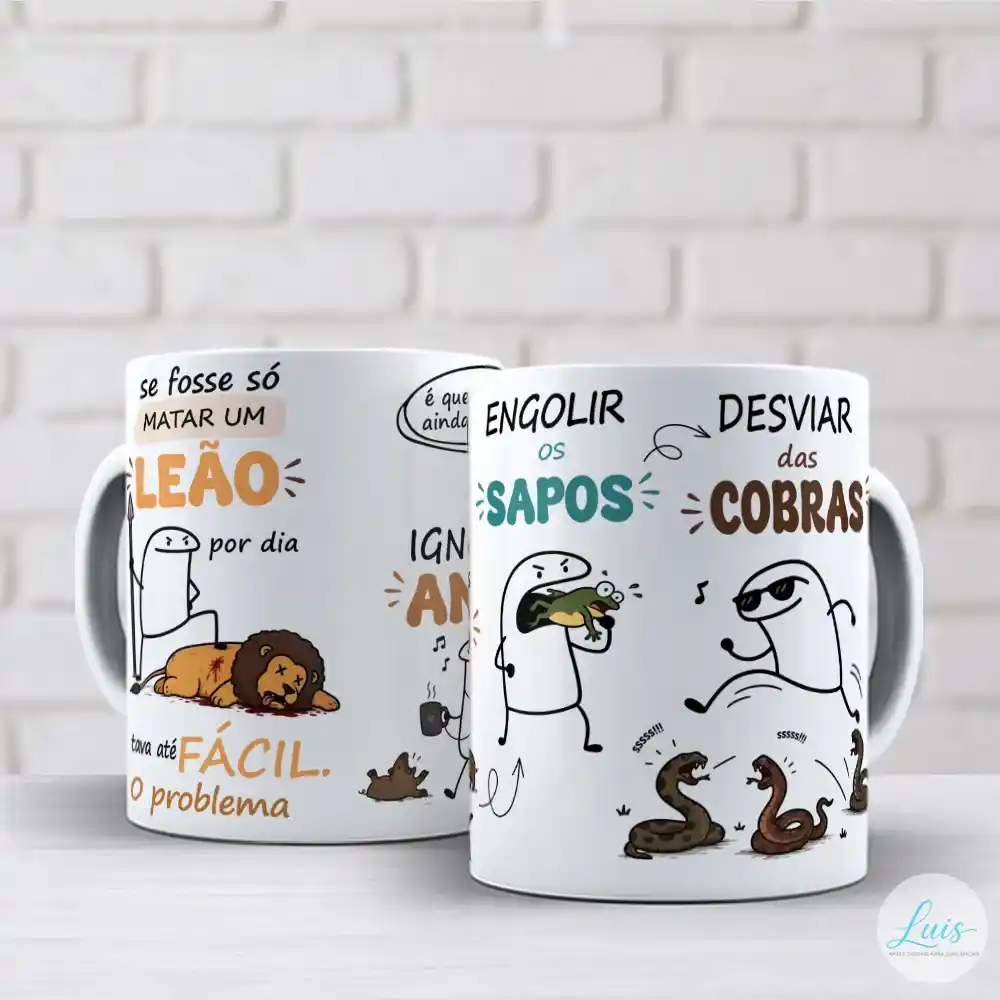 arte de caneca flork matar um leão por dia com Flork enfrentando leão, engolindo sapo e desviando de cobras em cenas que ilustram a frase humorística