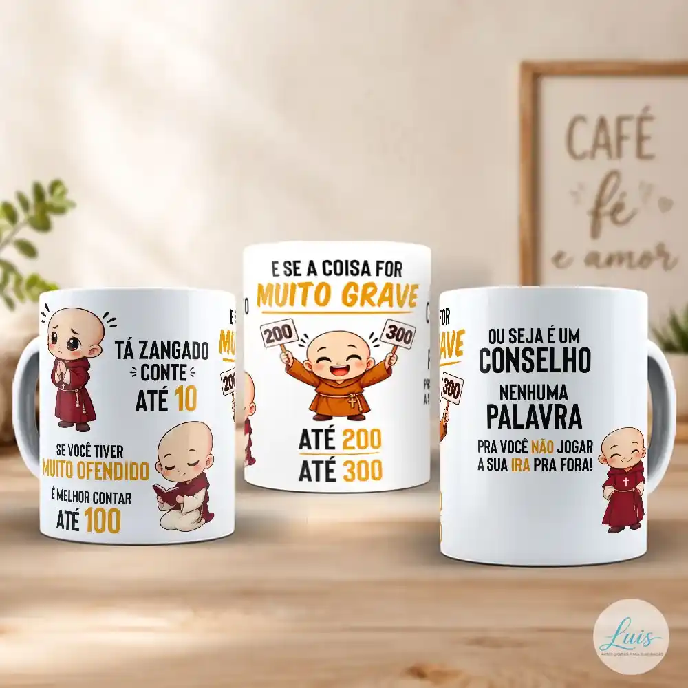 Arte para Caneca Frei Gilson Tá Zangado Conte Até 10 com Frei Gilson chibi em quatro cenas, rezando, lendo a bíblia, segurando placas com números 200 e 300, refletindo sobre paciência, com frases em preto e laranja e fundo branco.