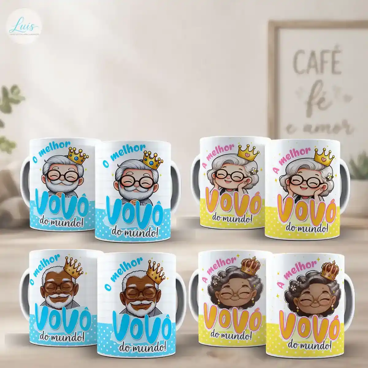 arte para caneca melhor vovô e vovó do mundo com frases "O melhor VOVÔ do mundo!" e "A melhor VOVÓ do mundo!", versões de vovô e vovó em tons de pele clara e morena, usando coroas, estrelas, fundo branco com listras cinza claro, faixa inferior azul com bolinhas brancas para os vovôs e fundo branco com faixa inferior amarela e bolinhas brancas para as vovós