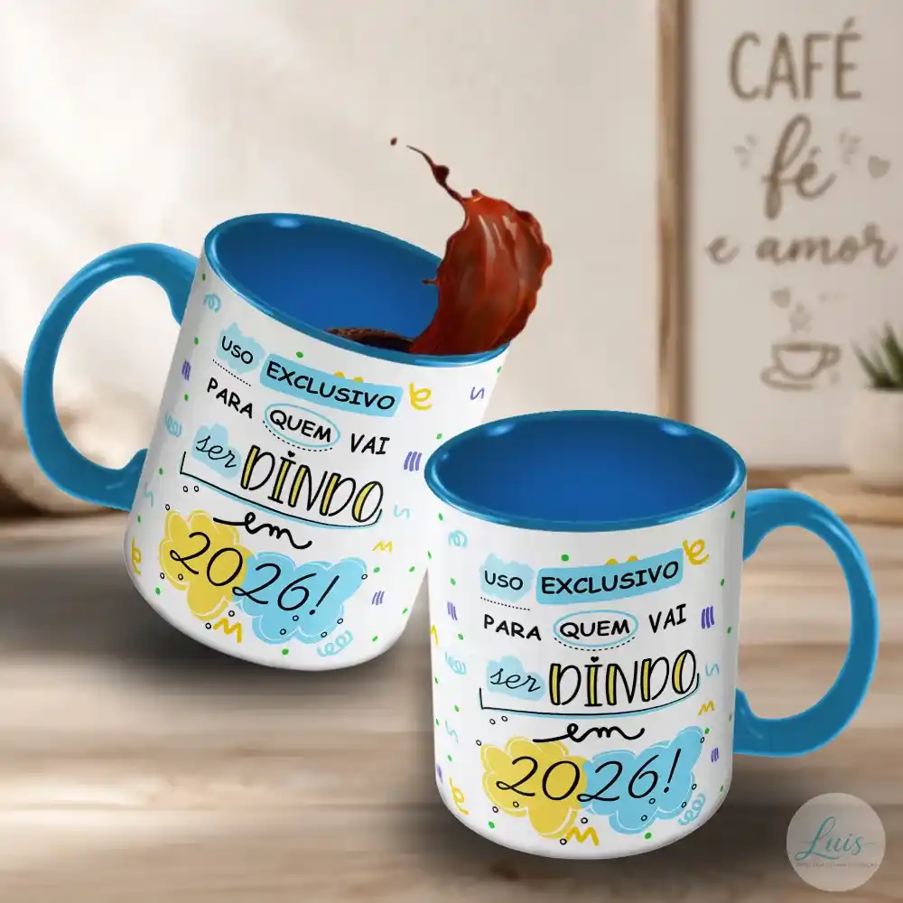 arte para caneca ser dindo e ser dinda em 2026 com frase em destaque nos dois lados "Uso EXCLUSIVO PARA QUEM VAI ser DINDO em 2026", com detalhes coloridos em azul e amarelo e fundo branco
