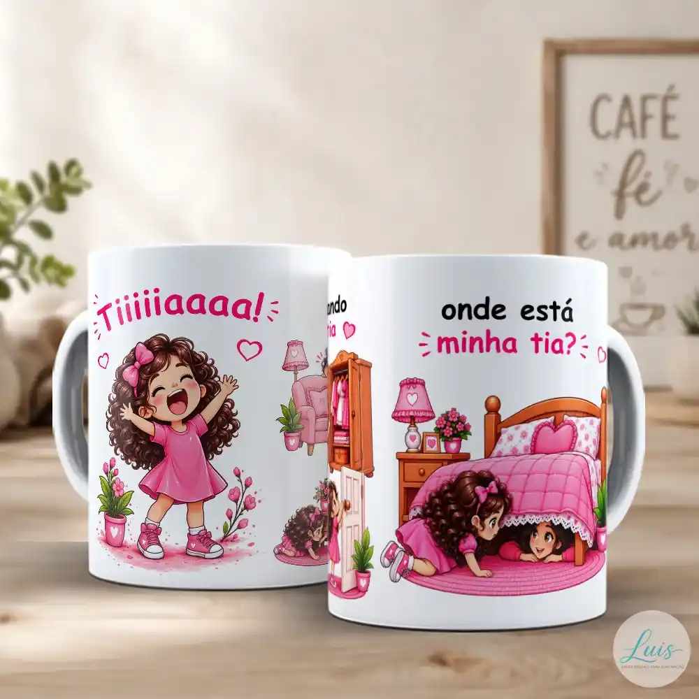 arte para caneca tiiiiiaaaa onde está minha tia com menina gritando pela tia e procurando debaixo da cama