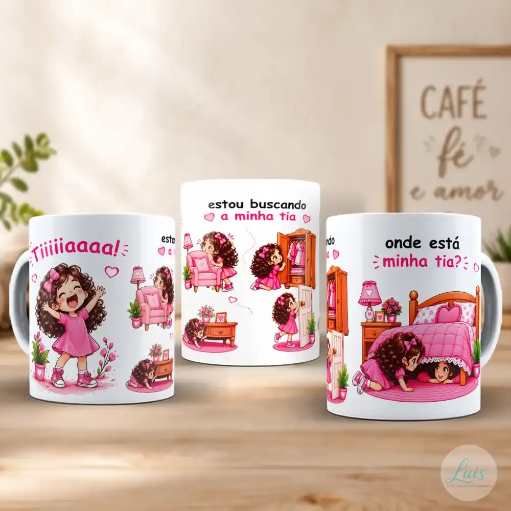 arte para caneca tiiiiiaaaa onde está minha tia com menina procurando a tia pela casa, em poltrona, guarda-roupa, cômoda, atrás da porta e debaixo da cama