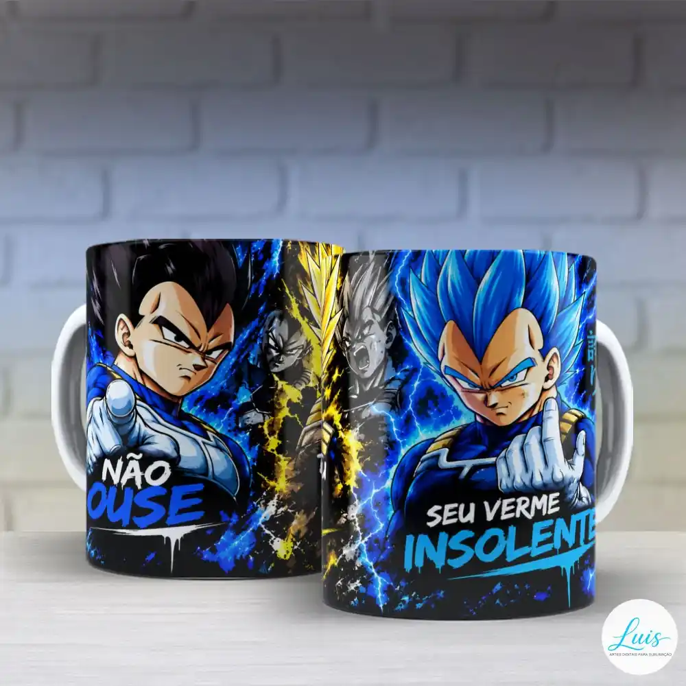 Arte para caneca dragon ball Z vegeta não ouse tocar no meu café com Vegeta em duas versões, efeitos de energia azul e dourado e frase desafiadora: "NÃO OUSE SEU VERME INSOLENTE".