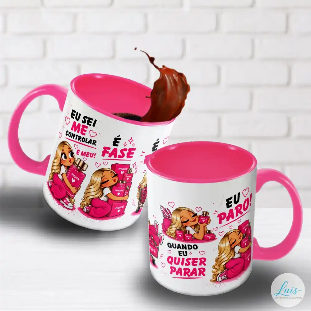 arte para caneca eu sei me controlar é fase wepink menina com personagem chibi de cabelo loiro, em cenas humorísticas abraçando perfumes e frase divertida: "Eu sei me controlar, é meu! É fase, é fase. Quando eu quiser parar, eu paro!